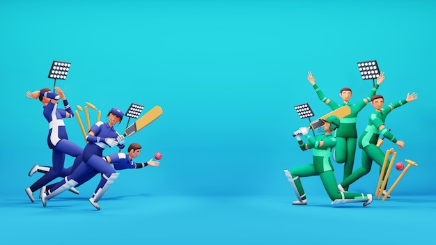 Participating Cricket Team Of India VS Pakistan With Tournament Equipments In 3D Render On Blue Background And Copy Space