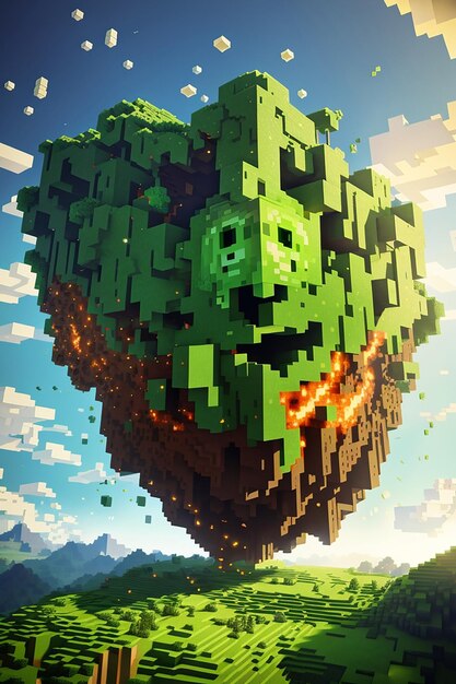 Particles Pixelated bursting from the center forming the shape of a creeper face