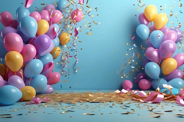 Partij achtergrond met ballonnen streamers en confetti op pastelblauwe achtergrond