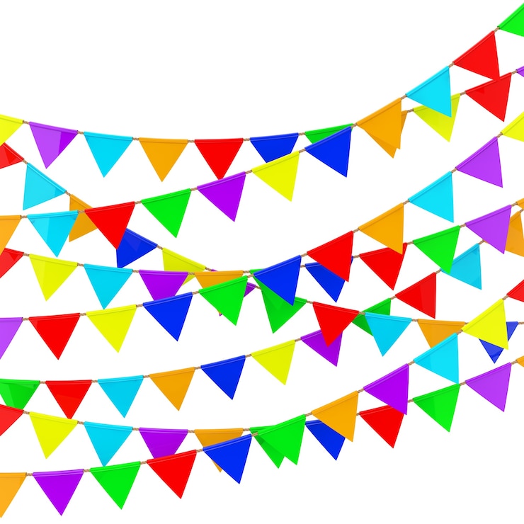 Foto partij achtergrond met kleur bunting en slingers vlaggen op een witte achtergrond. 3d-rendering