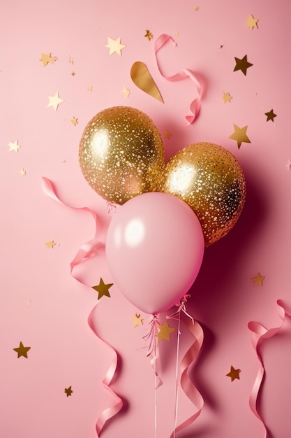 Partij ballon roze achtergrond met kleine gouden sterren Illustrator AI Generative