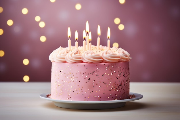 Partij hoed verjaardagstaart en stapel geschenk dozen op het bureau tegen roze achtergrond