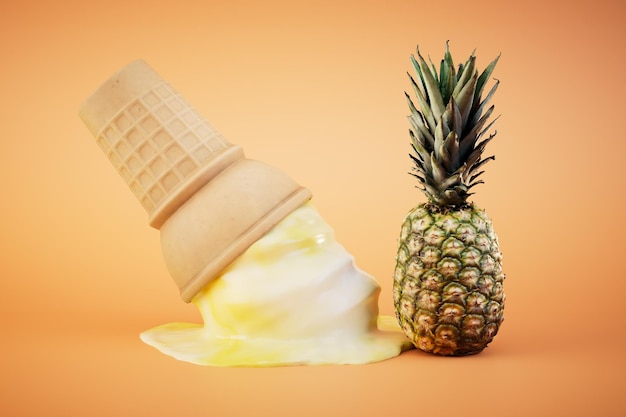 Parting the fallen ice cream in a waffle flakankan next to a pineapple on a pastel background