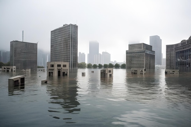 部分的に水没した都市で、建物の上部だけが水面上に見えている