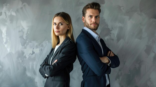 Partnership in business Young man and woman collaboration against grey background