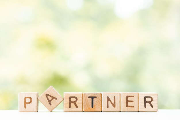 Partnerwoord is geschreven op houten kubussen op een groene zomerachtergrond Close-up van houten elementen
