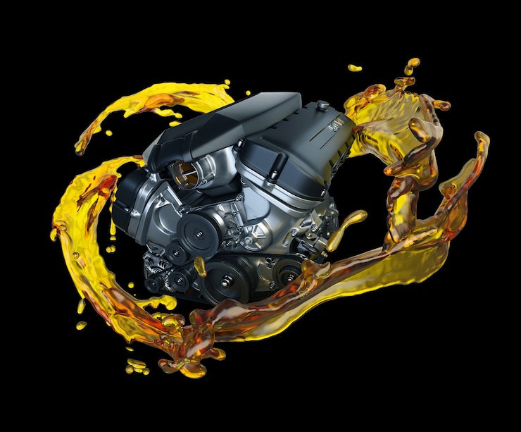 Photo parts in car engine with lubricant oil on repairing