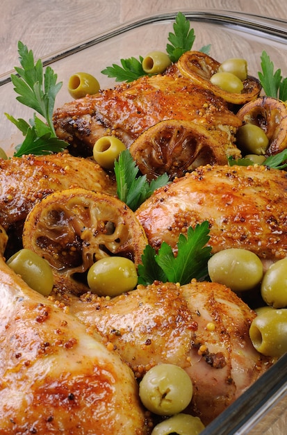 Parts of chicken baked with olives marinated in lemon