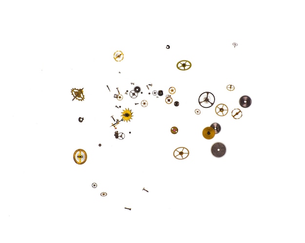 parts of clock mechanism on white background