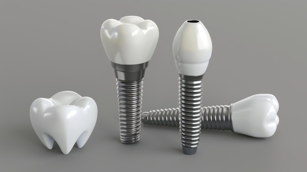 Parts of a dental implant on grey background