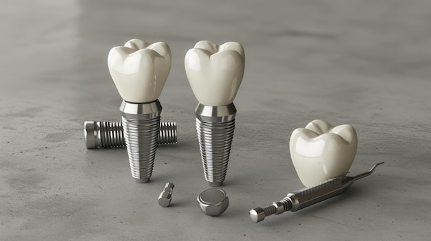 Parts of a dental implant on grey background