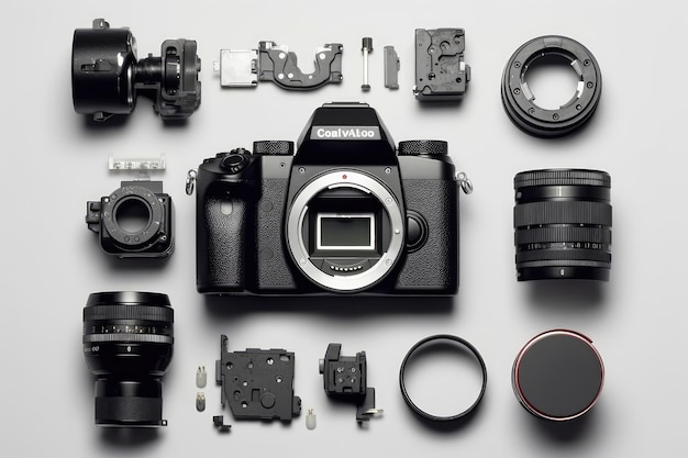 Parts of disassembled Camera top view professional photography AI Generated