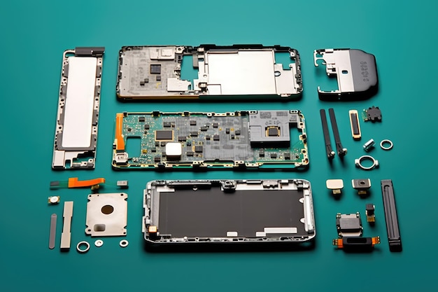 Parts of disassembled cell phone professional advertising photography