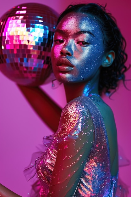 Photo party afro woman with pink face is covered in fluids holding shiny disco ball party glitter dress in the style of futuristic scifi aesthetic ai generated yperrealistic portraits aurorapunk style