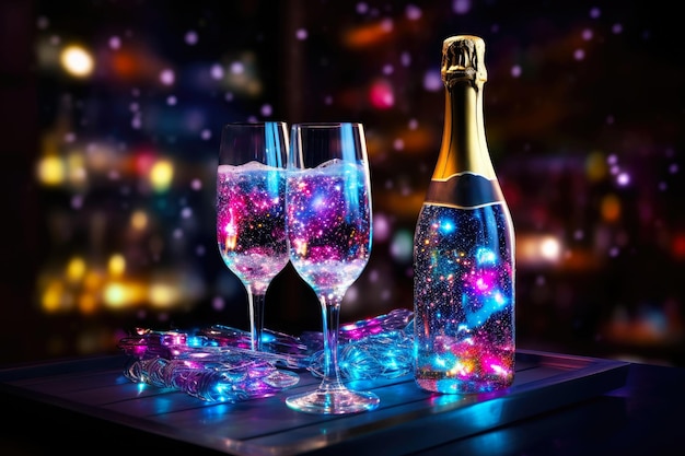 パーティーの背景 シャンパンボトルとグラス