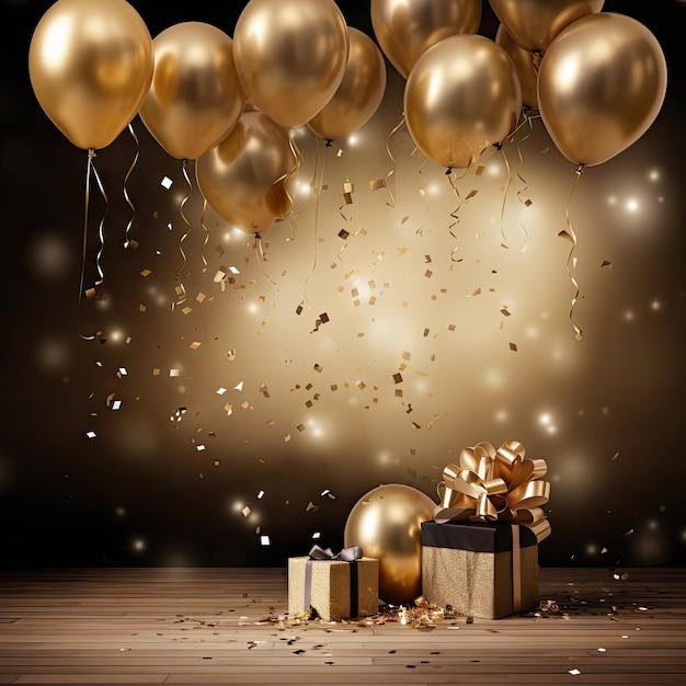 Праздничный фон, украшенный золотыми воздушными шарами и подарками, созданными с помощью технологии Generative AI
