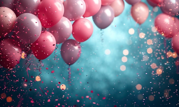 Party Background with lights confetti balloons and serpentine on a Dark Cyan and Pink colored background ar 53 stylize 750 v 6 Job ID b90bb326909a4d36aeb4878eccf33898