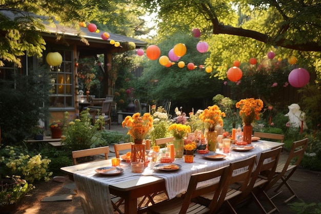 A party in the backyard of a house with balloons and flowers.