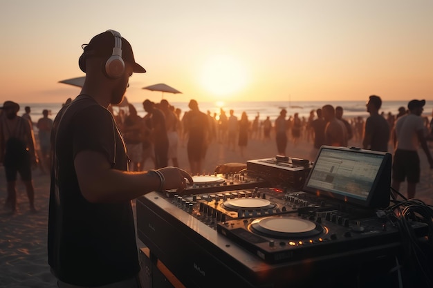 Вечеринка на пляже DJ-микширование на открытом воздухе на пляжной вечеринке сгенерировано искусственным интеллектом