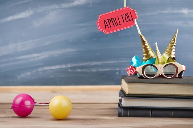 Party caps glasses and horns on table near chalkboard with phrase April fools day