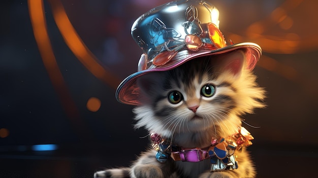 写真 ネオンの色のパーティーキャット ホログラフィックな帽子をかぶった面白い子猫 90年代のスタイルのネオンライト