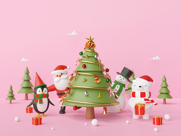 Party Christmas Day with Santa Claus and friend on a pink background, 3d rendering