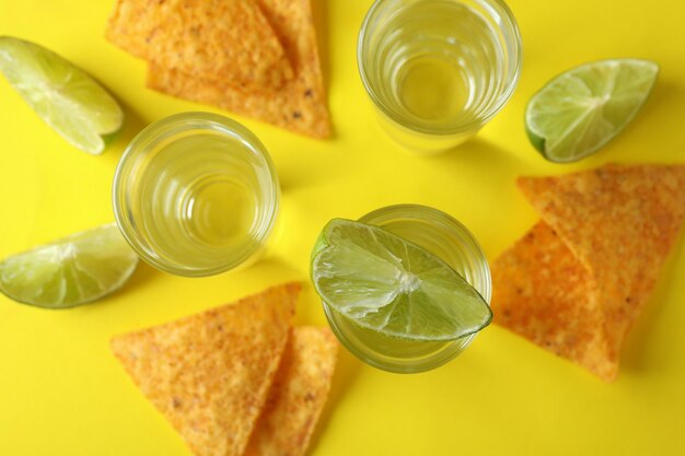 Party concept with tequila, guacamole and chips