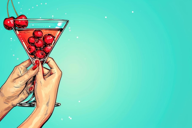 Photo party concept with woman holding drunk cherry cocktail