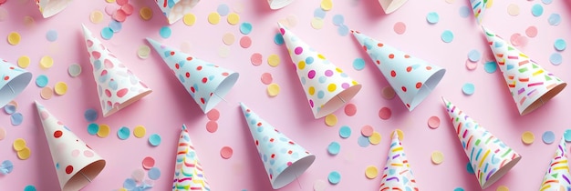 Party confetti and party hats flat lay on a pastel pink background New Year celebration