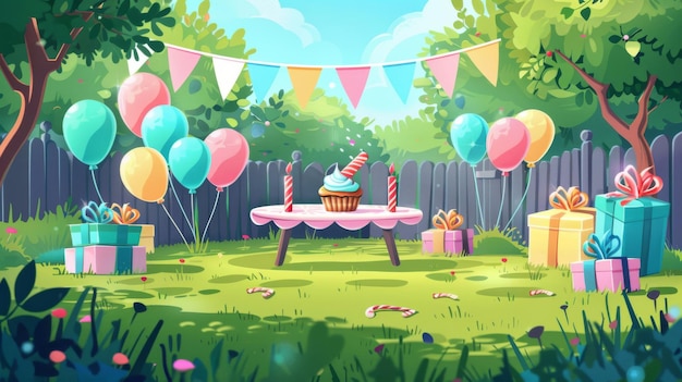 Party decorations on the lawn Flags balloons table and chairs for celebrating kids39 anniversaries Modern illustration of a garden with a holiday cupcake and gift boxes
