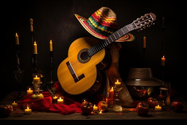 Photo party fund cinco de mayo with mexican hat and guitar