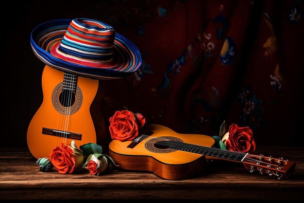 Photo party fund cinco de mayo with mexican hat and guitar