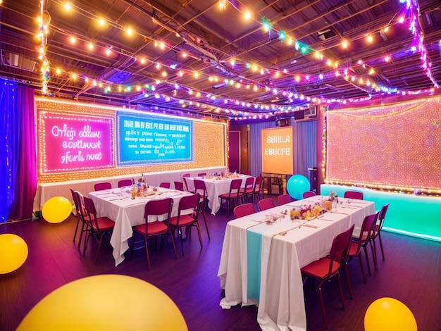 party hall decorated with strong and vibrant colors lights and sparkles