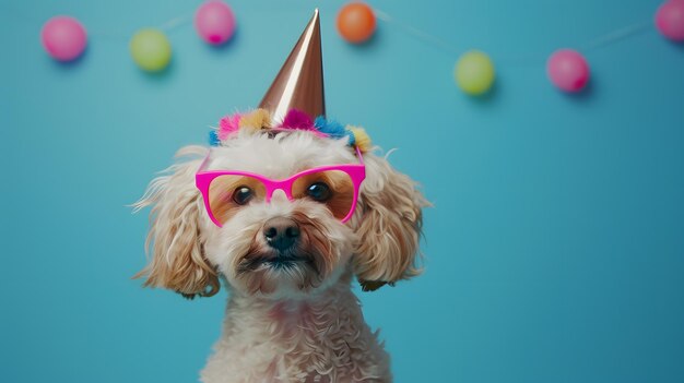 Photo party hat and glasseswearing dog