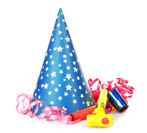 Photo party hat with confetti, isolated on white surface