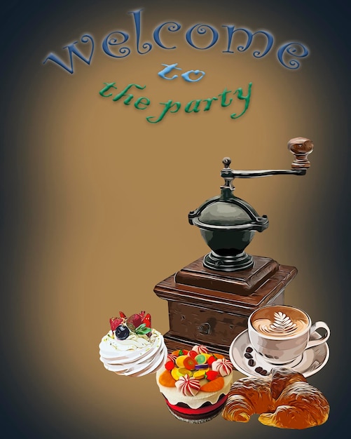 Photo party invitation card with cake coffee cup croissant coffee grinder