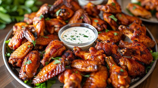 a party platter of wings on a tray with dressing in the middle