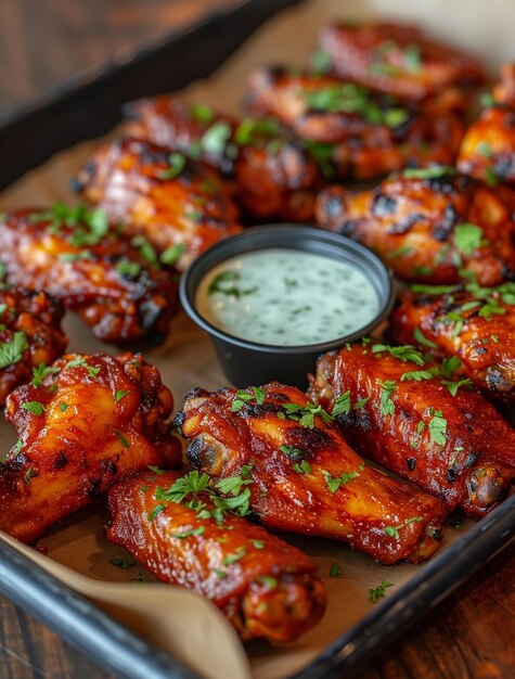 Photo a party platter of wings on a tray with dressing in the middle