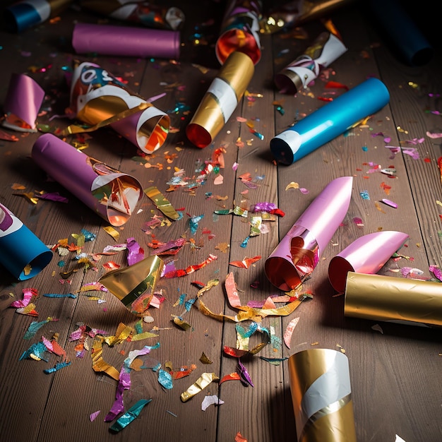 party poppers strewn on the floor with their papers