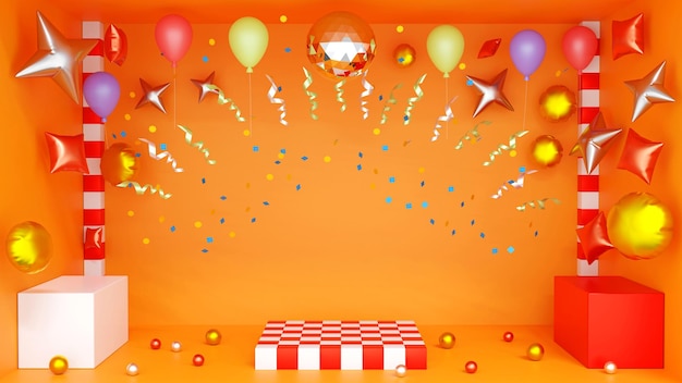 Party room colorful decoration by balloon for birthday party event or product display 3D rendering