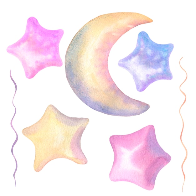 party star watercolor set with bright shiny metallic balloons for fabric wrapping paper cards invita