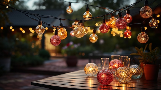 Party string lights hanging in the backyard