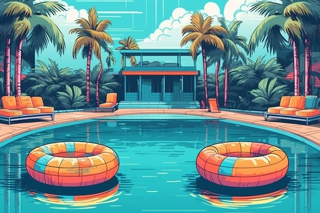 Party Summer Illustration Inflatable Pool with Palm Trees