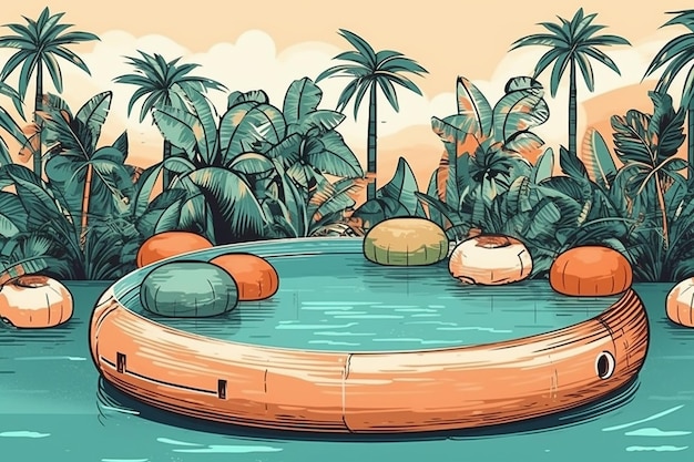 Party Summer Illustration Inflatable Pool with Palm Trees