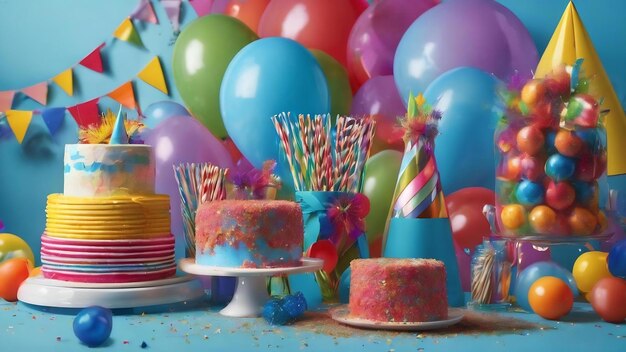 Party supplies on blue background