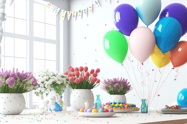 Праздничный стол на вечеринке по случаю дня рождения в помещении с цветочными воздушными шарами и конфетти