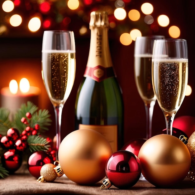 party table with champagne and christmas ornaments