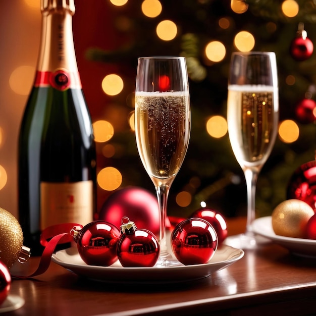 party table with champagne and christmas ornaments