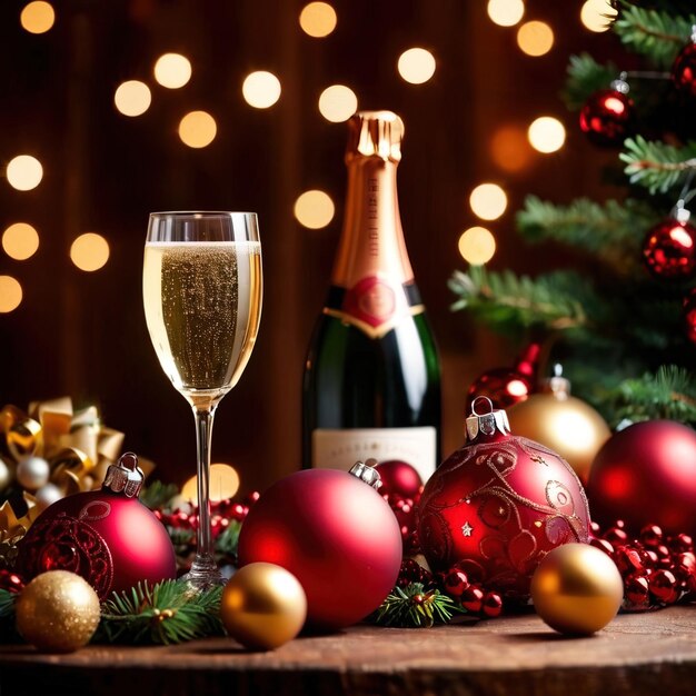 party table with champagne and christmas ornaments