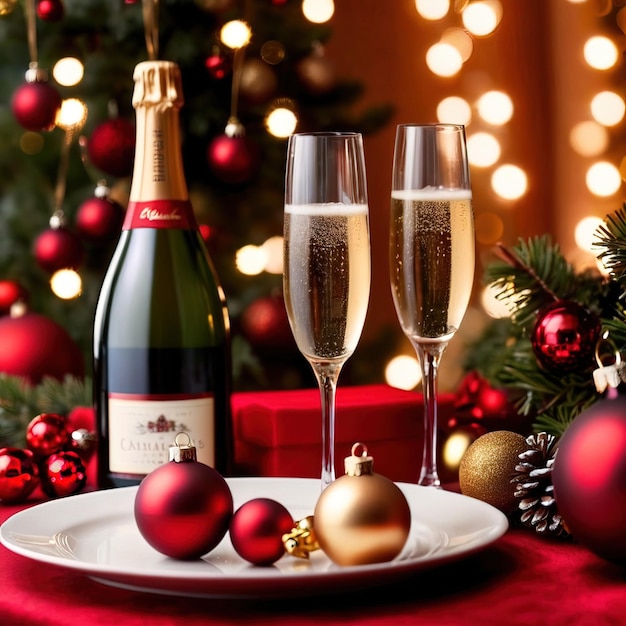 партийный стол с шампанским и рождественскими украшениями